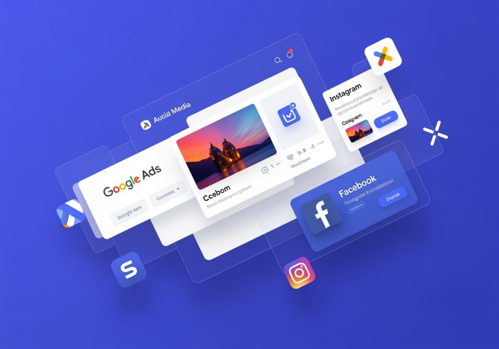  色鮮やかでダイナミックなSNS広告のデザイン, Google広告, Facebook, Instagram, X, モダンで未来的なインターフェース, 視覚的に視認性が高く, 明るいトーンとシャドウで奥行きを表現, 直感的でクリアなデザイン, 複雑で多様な配信を反映した構成