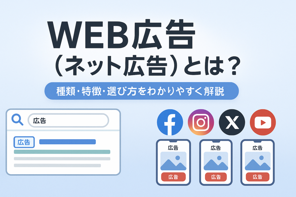 WEB広告（インターネット広告）の多様な種類を象徴するアイキャッチ画像。検索広告やSNS広告などのイメージアイコンを組み合わせ、「WEB広告（ネット広告）とは？」のタイトルが中央に配置されている。