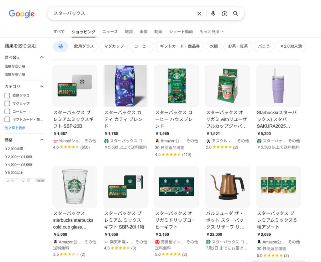 ショッピング結果（Googleショッピング）の表示例