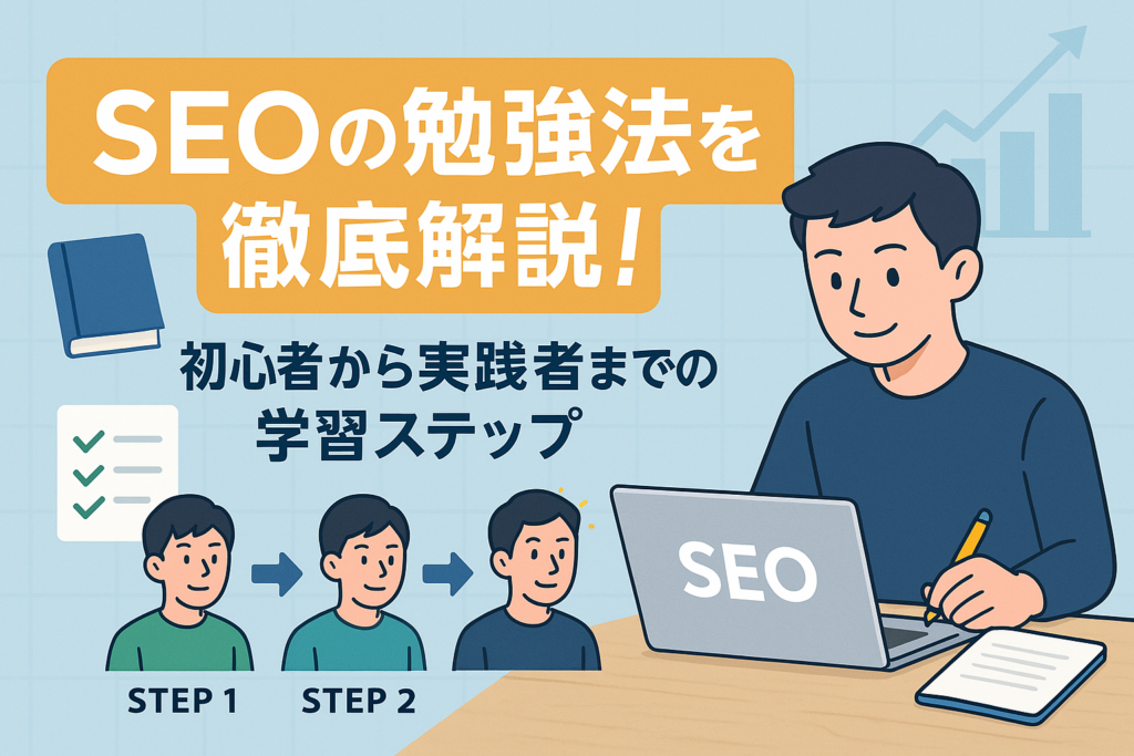 「SEOの勉強法を徹底解説！」という大きな見出しが中央上部に表示され、背景にはチェックリスト、グラフ、本のイラストがある。下部には「初心者から実践者までの学習ステップ」と書かれ、左から右へステップ1・2・3と進む3人の人物が並び、矢印でつながれている。右側にはパソコンで勉強する男性がSEOと書かれたノートPCの前でノートをとっている様子が描かれている。背景は水色系で清潔感があり、全体的にポップで親しみやすいデザイン。