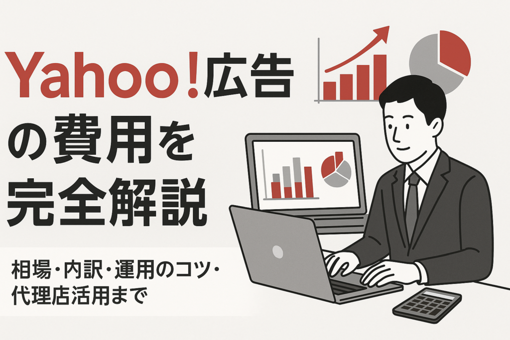 「Yahoo!広告の費用を完全解説」というタイトルと、パソコンで広告データを分析するスーツ姿の男性のイラスト。画面には棒グラフと円グラフが表示されており、右上にも上昇グラフや円グラフのアイコンが描かれている。下部には『相場・内訳・運用のコツ・代理店活用まで』という補足テキスト。