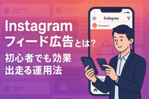 スーツ姿の男性がスマートフォンを操作している。背景にはInstagramのフィード画面を模したスマホが大きく表示され、「Sponsored」マーク付きの広告が画面内に描かれている。画面全体はInstagramのブランドカラーであるピンク〜オレンジのグラデーションで彩られ、「Instagramフィード広告とは？初心者でも効果が出る運用法」という日本語テキストが大きく配置されている。
