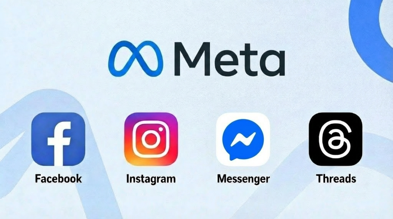 Meta広告の概要を表すアイキャッチ画像。Facebook・Instagram・Messenger・Threadsの各ロゴと名称が並び、Meta広告の配信対象プラットフォームを視覚的に示している。