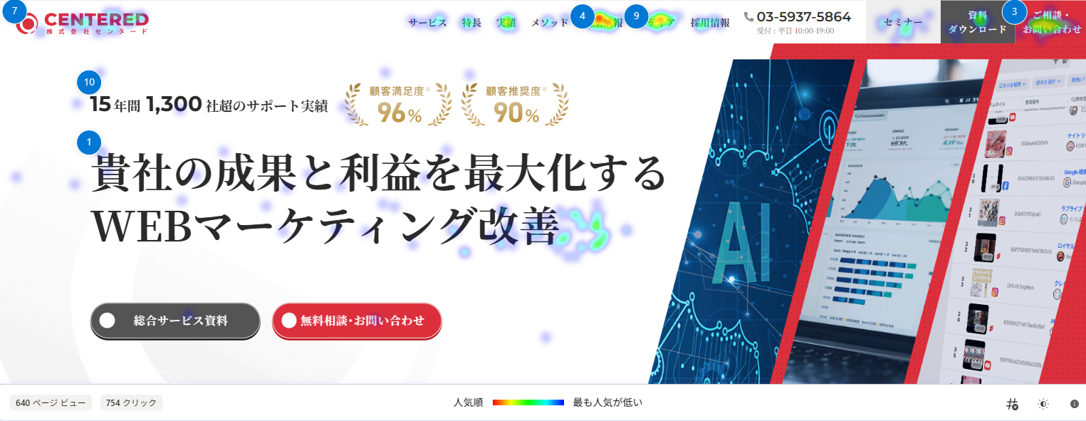Microsoft Clarityで分析した株式会社センタードのヒートマップ。クリック箇所やユーザーの注目エリアが可視化されている