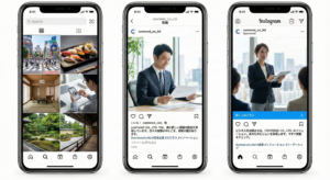 Instagramの探索タブ広告の例。1枚目は発見タブに表示された多様な投稿のサムネイル一覧、2枚目はビジネスマンの通常投稿、3枚目は企業のサービスを紹介する広告投稿で、女性がプレゼンをしている場面が表示されている。
