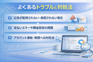 Meta広告マネージャーと他ツールの違いのサムネイル画像。Google広告との違い、X（旧Twitter）広告・TikTok広告との違い、SNS広告としての強みの3項目がチェック付きで大きく表示された青基調のビジネスデザイン。