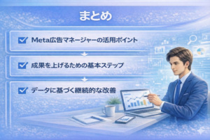 まとめのサムネイル画像。Meta広告マネージャーの活用ポイント、成果を上げるための基本ステップ、データに基づく継続的な改善の3項目が大きく表示され、右側にノートパソコンでグラフを確認するスーツ姿のビジネスマンが描かれた青基調のデザイン。