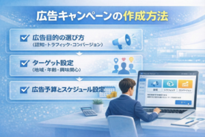 広告キャンペーンの作成方法のサムネイル画像。タイトルの下に、広告目的の選び方（認知・トラフィック・コンバージョン）、ターゲット設定（地域・年齢・興味関心）、広告予算とスケジュール設定の3項目がチェック付きで並び、右下でビジネスマンがMeta広告マネージャー画面を操作している青基調のデザイン。