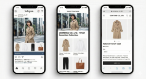 Instagramのコレクション広告の例。3台のスマートフォン画面に、トレンチコートを主力としたファッション商品の広告が表示されている。1枚目はInstagramのフィード上の広告、2枚目は複数商品を一覧できる専用ビュー、3枚目は商品の詳細ページが開かれたECサイト画面。
