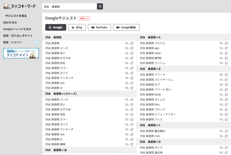ラッコキーワードで「渋谷 美容院」で検索した時の結果表示画面