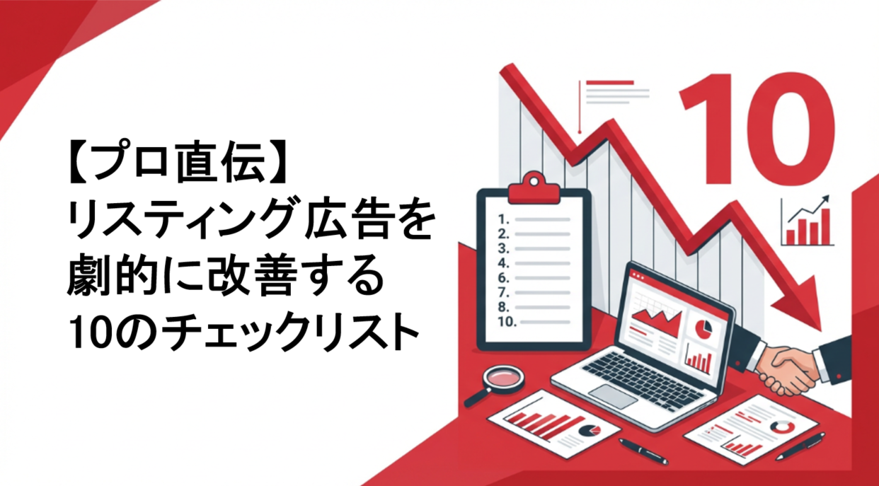 リスティング広告を劇的に改善を表現するメインビジュアル。左側にタイトルが配置され、右側にはCPAの下降グラフ、チェックリストアイコン、数字の10が表示されている。白基調に赤色のアクセントで成果達成を視覚的に表現。