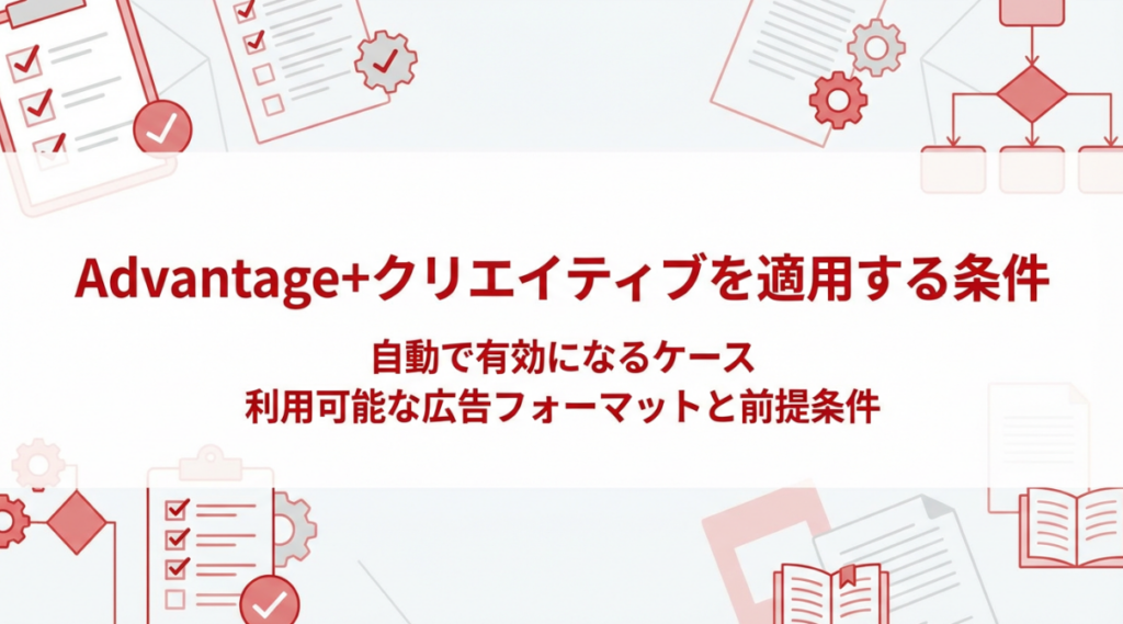 Advantage+クリエイティブを適用する条件。自動で有効になるケースと利用可能な広告フォーマット・前提条件を解説するセクションのサムネイル画像。チェックリストやルールをイメージする幾何学的デザイン。