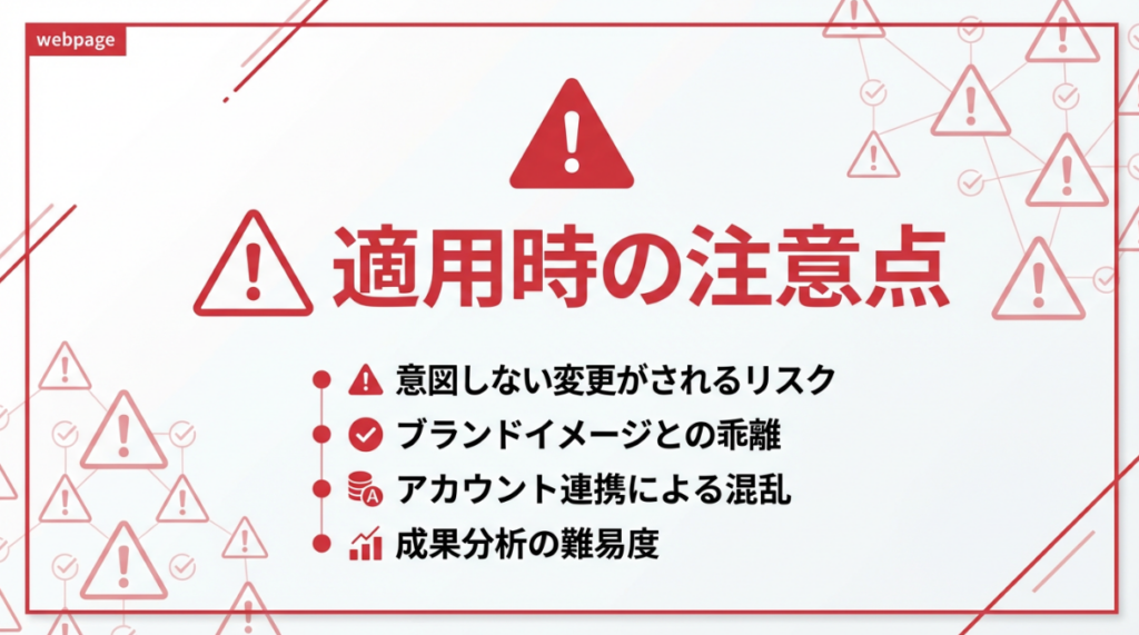 適用時の注意点。意図しない変更がされるリスク、ブランドイメージとの乖離、アカウント連携による混乱、成果分析の難易度について解説するセクションのサムネイル画像。警告や注意を促す三角形マークとチェックリストデザイン。