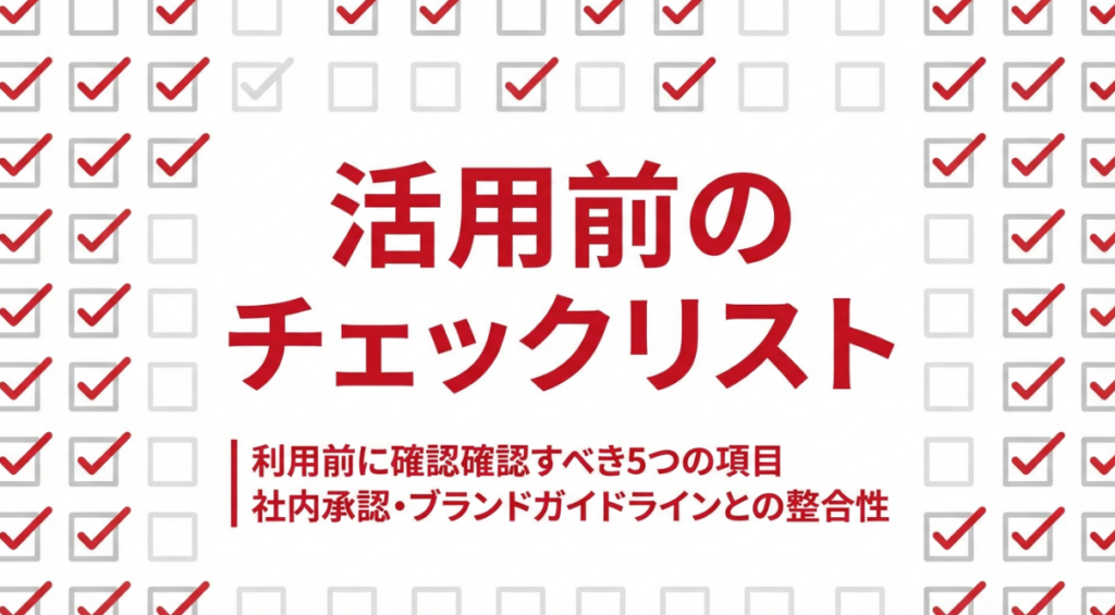 活用前のチェックリスト。利用前に確認すべき5つの項目と社内承認・ブランドガイドラインとの整合性について解説するセクションのサムネイル画像。整然としたチェックボックスとグリッドパターンデザイン。