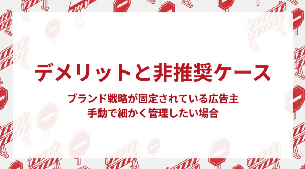 デメリットと非推奨ケース。ブランド戦略が固定されている広告主や手動で細かく管理したい場合について解説するセクションのサムネイル画像。慎重さと制限をイメージするバリアやストップサインのデザイン。
