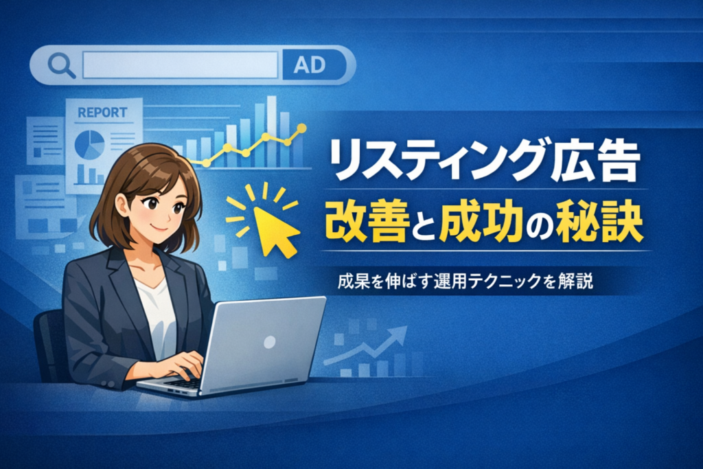 ノートパソコンを操作する女性ビジネスパーソンと、リスティング広告に関する分析グラフや検索バーのイラストを背景にしたバナー画像。「リスティング広告 改善と成功の秘訣」というタイトルと、「成果を伸ばす運用テクニックを解説」の補助テキストが青系の背景上に配置されている。