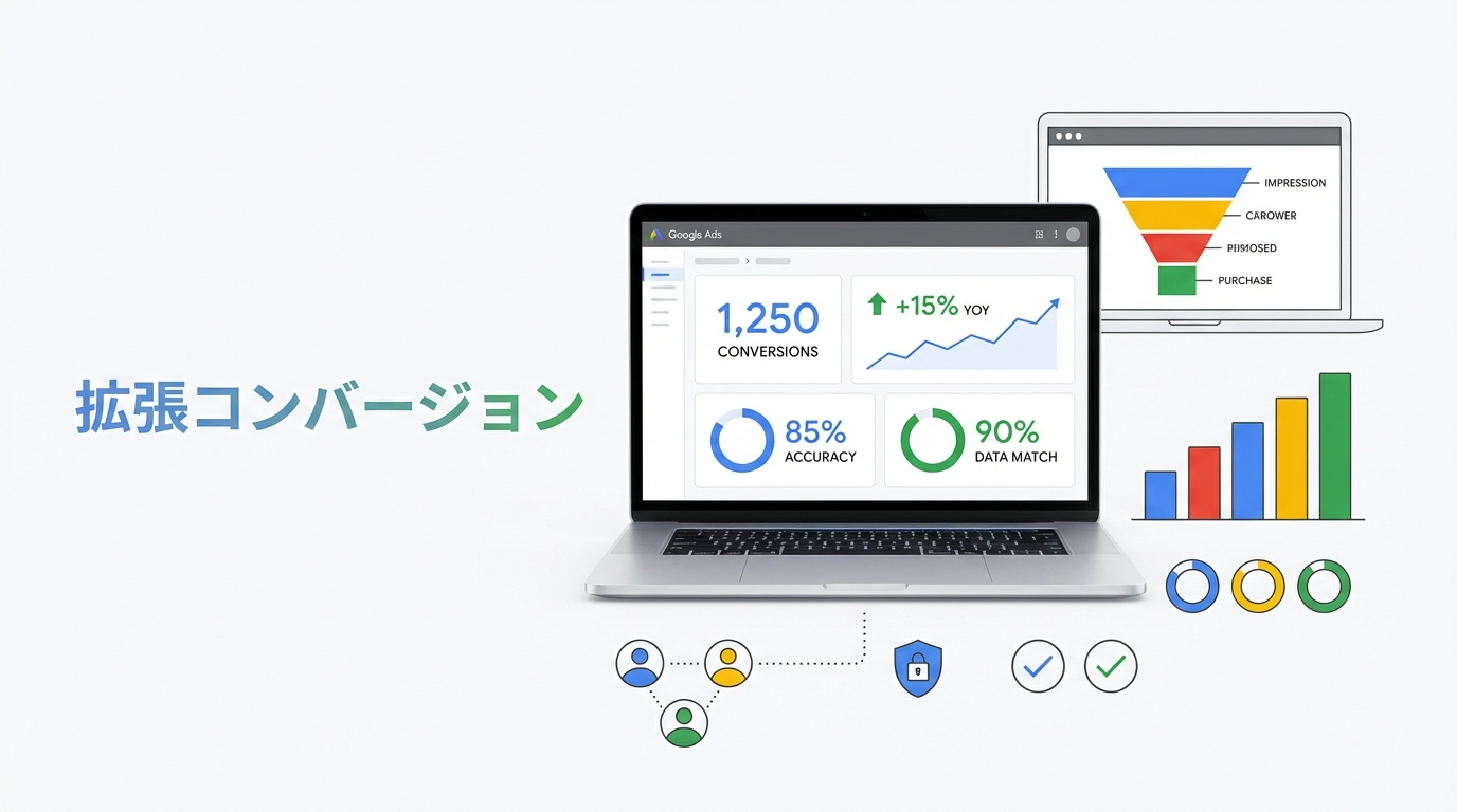 Google 広告の「拡張コンバージョン」を解説するグラフィック。ノートパソコンに表示されたデータダッシュボード、マーケティング指標のグラフ、ユーザーアイコンが描かれたクリーンなイラスト。