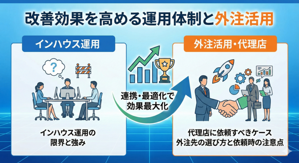 「改善効果を高める運用体制と外注活用」と題されたインフォグラフィック。
左側の青い領域には「インハウス運用」のタイトルで、社内チームがPCに向かい悩んでいるイラストと「インハウス運用の限界と強み」のテキストがある。
右側のオレンジの領域には「外注活用・代理店」のタイトルで、依頼主と専門家チームが握手し、ロケットが飛躍するイラストと共に「代理店に依頼すべきケース」「外注先の選び方と依頼時の注意点」のテキストがある。
中央には、両者の連携を示す大きな矢印が上昇グラフとトロフィーのアイコンに向かって伸びており、「連携・最適化で効果最大化」というメッセージが添えられている。
