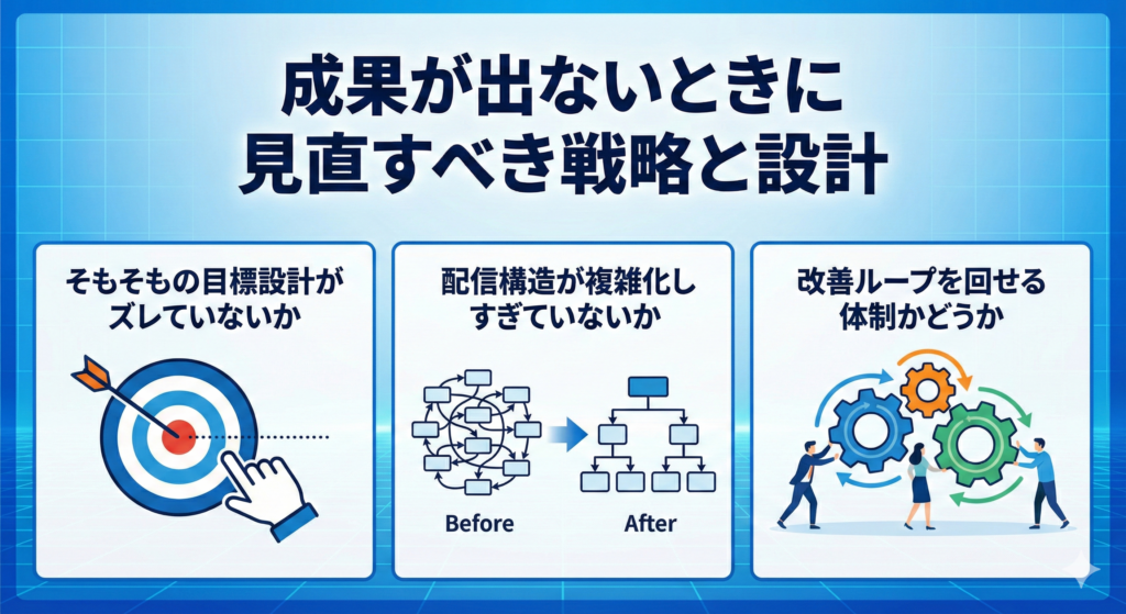 「成果が出ないときに見直すべき戦略と設計」と題された図解サムネイル。3つのパネルで構成されている。
左パネルは「そもそもの目標設計がズレていないか」というタイトルで、的の中心から外れた矢印と、軌道修正を促す手のアイコンが描かれている。
中央パネルは「配信構造が複雑化しすぎていないか」というタイトルで、「Before」の複雑に絡み合ったフローチャートが、「After」の整理されたツリー構造へと変化する様子が矢印で示されている。
右パネルは「改善ループを回せる体制かどうか」というタイトルで、互いに噛み合って回転する3つの歯車と、それを協力して回すチームメンバーのイラストが描かれている。