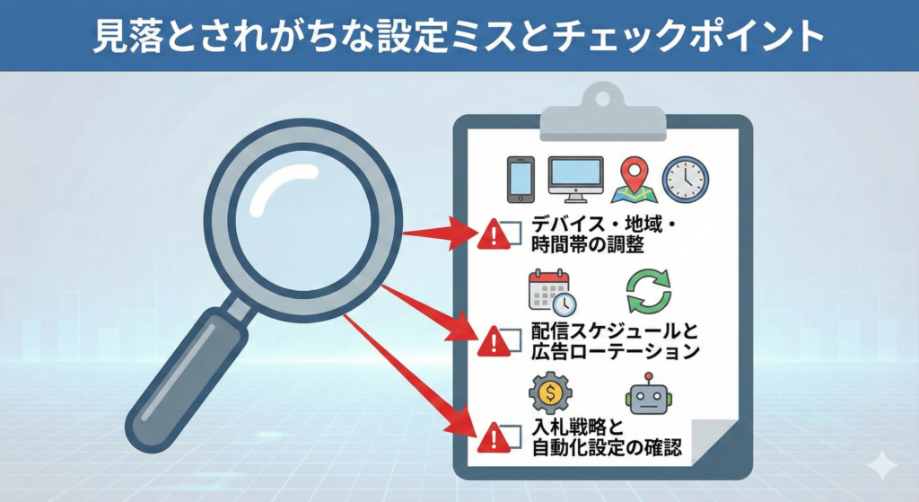 「見落とされがちな設定ミスとチェックポイント」と題されたサムネイル画像。中央に注意を喚起するチェックリストと警告マーク（！）のイラスト。
その周囲に3つの主要な確認項目がアイコン付きで配置されている：
1. 「デバイス・地域・時間帯の調整」（スマートフォン、地球儀、時計のアイコン）
2. 「配信スケジュールと広告ローテーション」（カレンダーとサイクルの矢印アイコン）
3. 「入札戦略と自動化設定の確認」（設定ギアとAI/ロボットのアイコン）
全体的に、運用担当者が設定画面を確認しているような、緻密さと注意深さをイメージさせるデザイン。