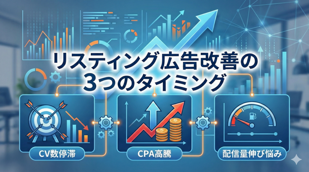 「リスティング広告改善の3つのタイミング」と題されたサムネイル画像。
改善が必要な3つの主要な状況が、アイコン付きのパネルで視覚化されている。
左側は「CV数停滞」として、的と下降トレンドのグラフが描かれている。
中央は「CPA高騰」として、コスト上昇を示す赤い矢印と積み上がったコインが描かれている。
右側は「配信量伸び悩み」として、スピードメーターのゲージが描かれている。
背景にはデータ分析をイメージさせる青色のチャートやネットワーク図が配置されている。