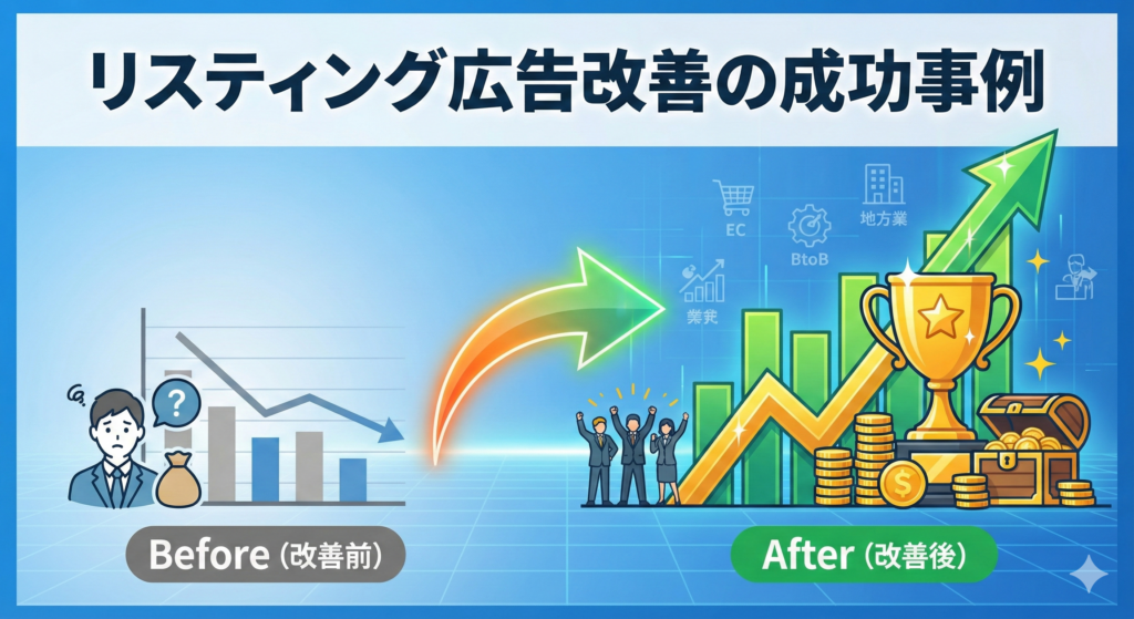 「リスティング広告改善の成功事例」と題されたビフォーアフターのイラスト。
左側の「Before（改善前）」には、下降するグラフと空の財布の前で悩むビジネスマンが描かれ、成果が低迷している状態を示す。
中央の大きな矢印を経て、右側の「After（改善後）」には、急上昇するグラフ、輝く大きなトロフィー、山積みの金貨、そして歓喜するビジネスチームが描かれ、劇的な成果向上と成功を視覚的に表現している。