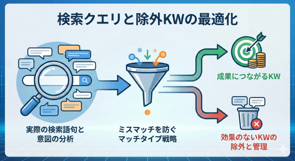 「検索クエリと除外KWの最適化」と題されたサムネイル画像。中央に「検索語句の選定」を表す大きなフィルター（漏斗）のイラスト。上から様々な検索キーワードが投入され、フィルターを通って下から「成果につながるクエリ」だけが黄金のコインや宝石として抽出されている。
一方、フィルターで弾かれた「効果のないKW」や「除外KW」は横のゴミ箱へ向かう矢印で示されている。背景にはマッチタイプ（「""」「[]」）の記号が薄く配置され、精度の高い運用調整を表現している。