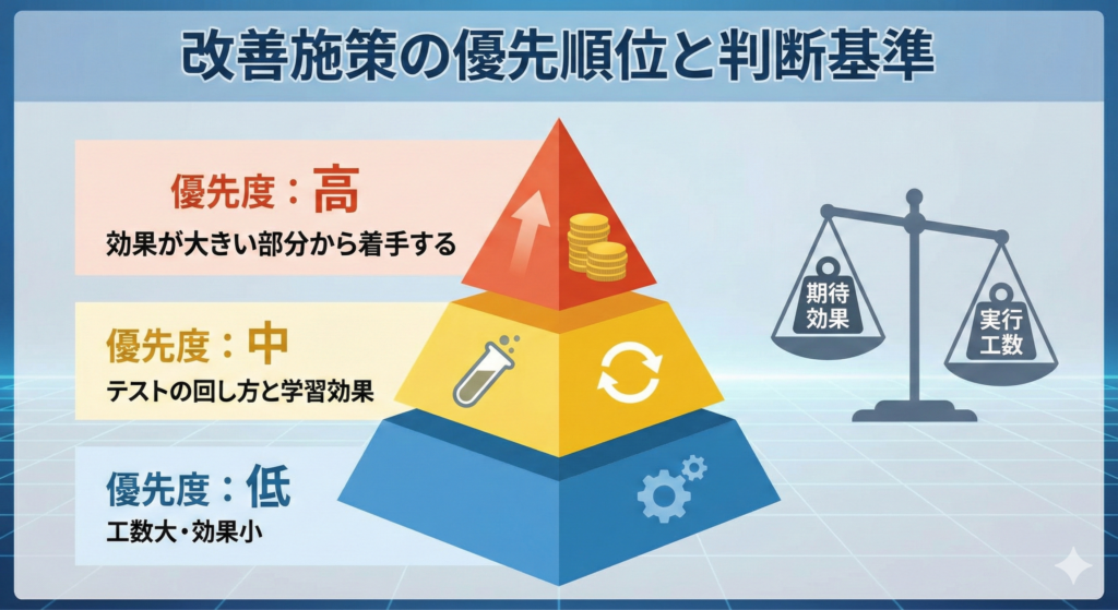 「改善施策の優先順位と判断基準」と題されたサムネイル画像。
画面には「インパクト（効果）」と「工数（手間）」を軸にした2軸のマトリクス図が描かれている。
右上の「効果大・工数小」の領域がハイライトされ、「効果が大きい部分から着手する」という優先順位の鉄則を視覚化している。
また、脇にはPDCAサイクルやA/Bテストを示すアイコンが配置され、「テストの回し方と学習効果」の重要性を補足している。