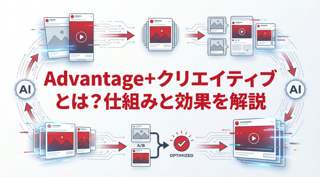 Advantage+クリエイティブとは?仕組みと効果を解説。Meta広告のAI自動最適化機能による複数クリエイティブバリエーションの動的生成と最適化を視覚的に表現した記事サムネイル画像。