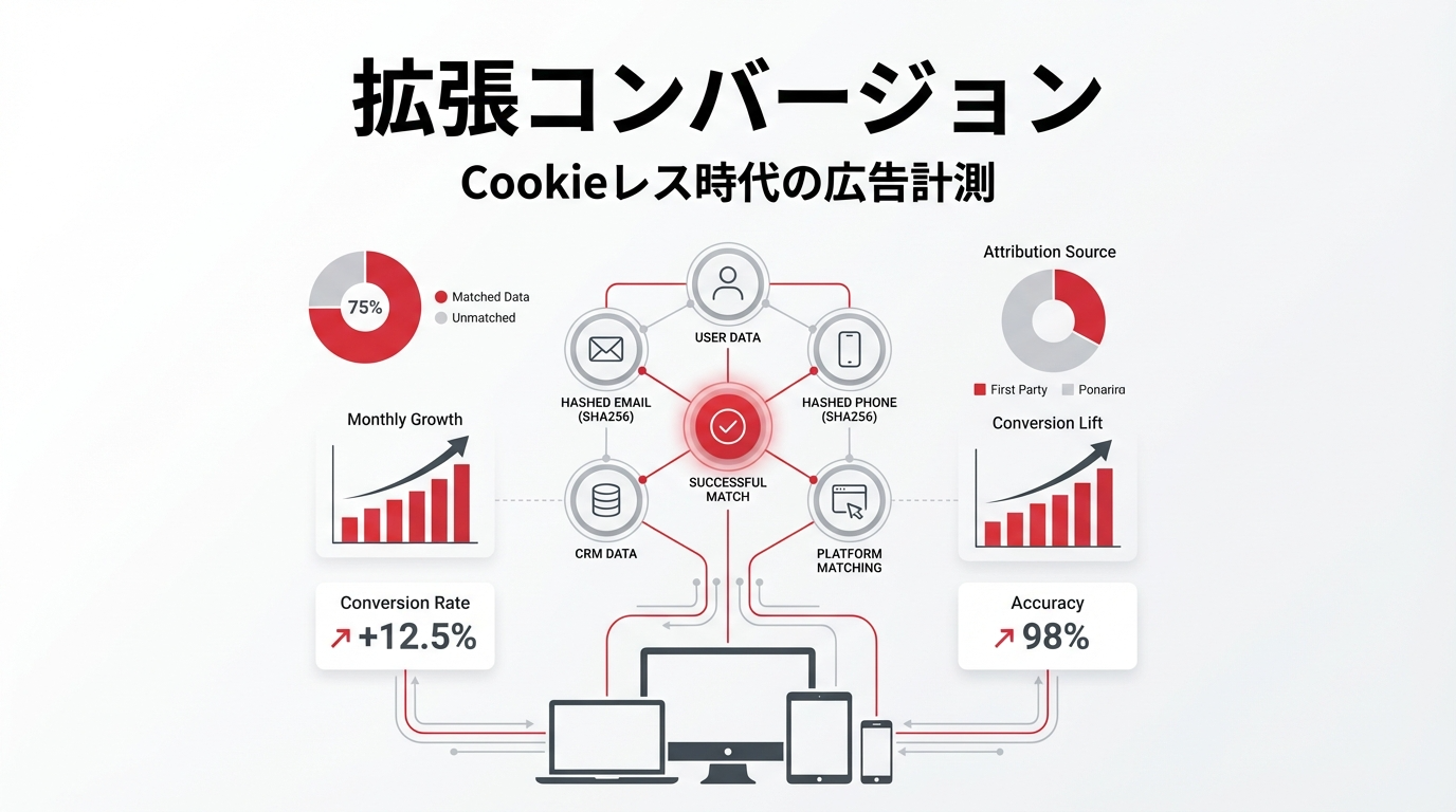 Google 広告の「拡張コンバージョン」を解説するグラフィック。ノートパソコンに表示されたデータダッシュボード、マーケティング指標のグラフ、ユーザーアイコンが描かれたクリーンなイラスト。