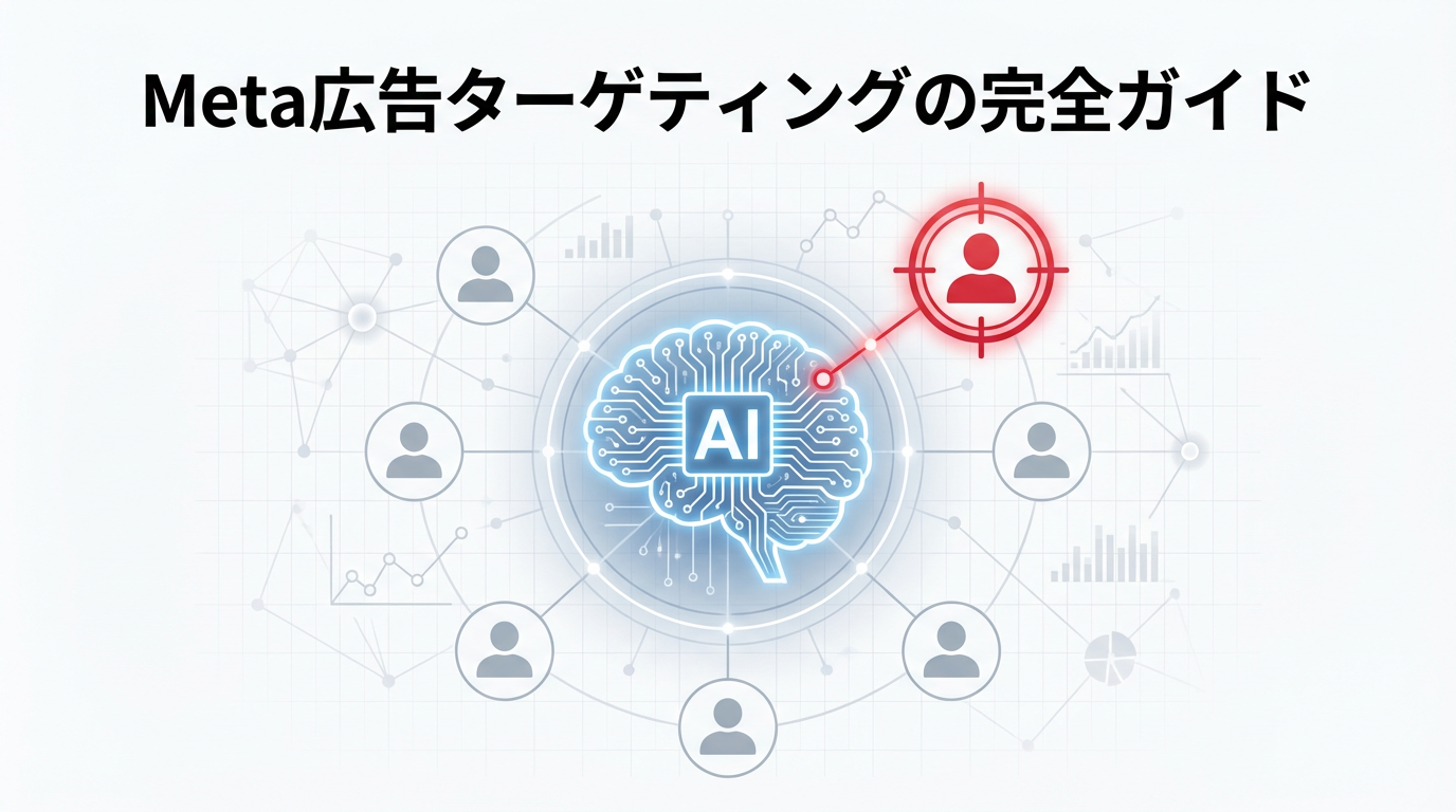 AIによる精密な分析をイメージしたMeta広告のアイキャッチ。ネットワークの中から最適なターゲットをAIが特定している様子を描いている。