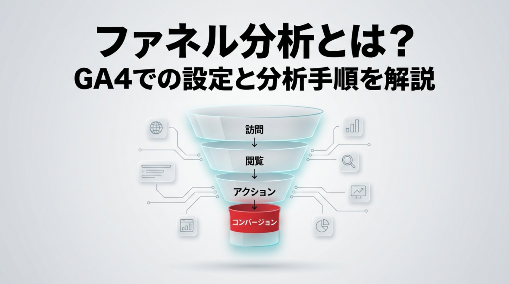 GA4の設定と分析手順を解説するファネル分析の図（訪問・閲覧・アクション・コンバージョンの流れ）