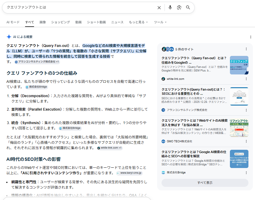 「クエリファンアウトとは」で検索したGoogleのAI による概要の画面。検索語に含めていない「クエリファンアウトの3つの仕組み」「AI時代のSEO対策への影響」まで回答に含まれ、右側に5件の参照元サイトが引用されている